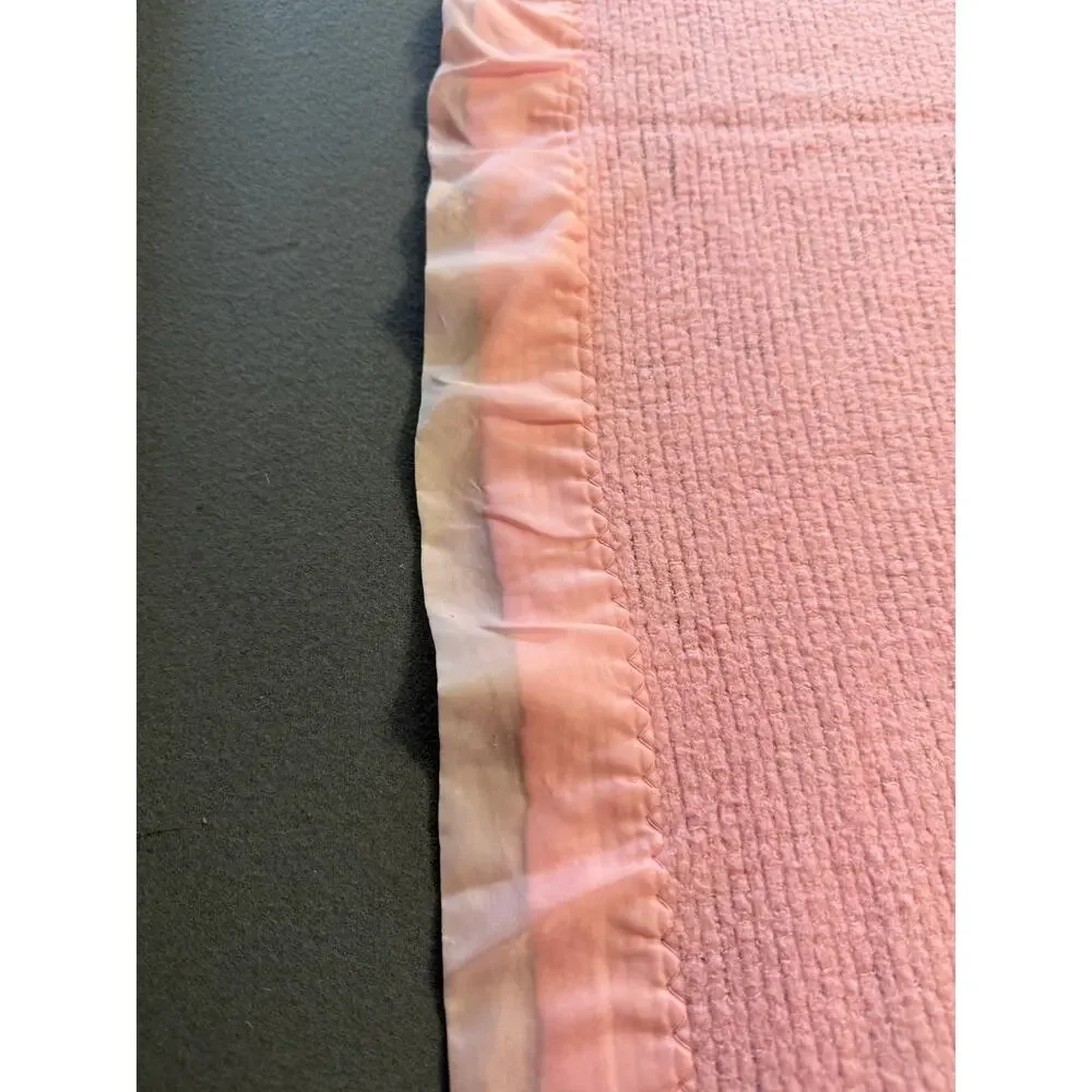 Vintage Pink Twin Blanket Satin Trim Lightweight Bed Blanket 72x60 Cottage Cozy